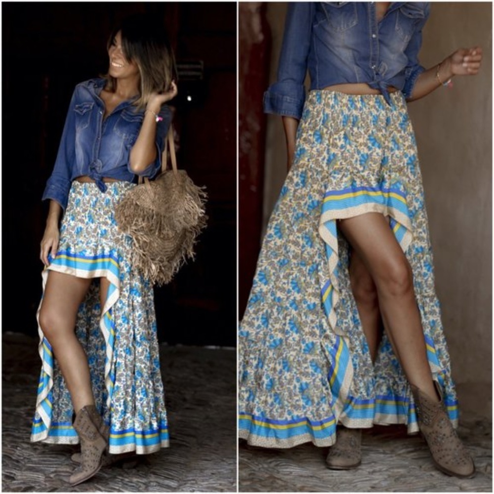 Bohemian gypsy Blue high low Floral Ruffle Maxi Skirt - Picture 1 of 11